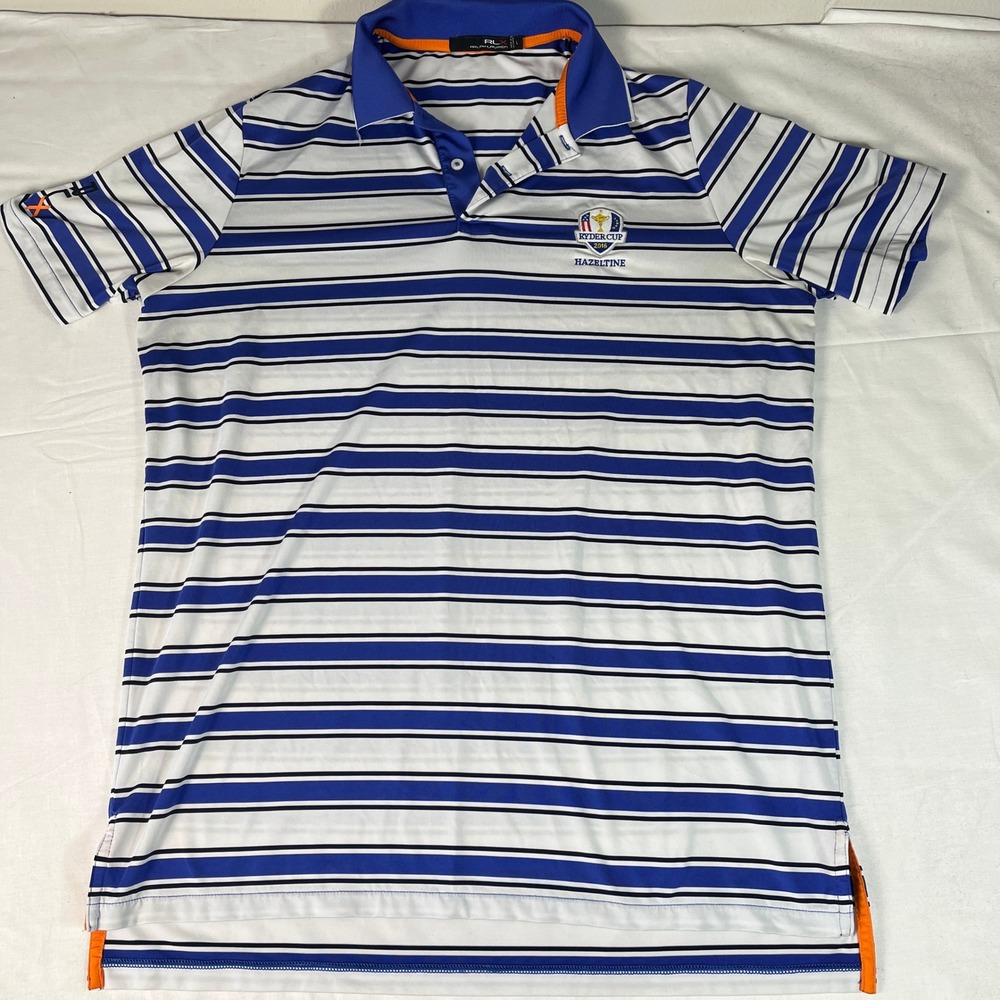 RLX Ralph Lauren Polo Shirt Mens Large Blue Striped Excellent Ryder Cup 2016